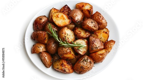 Crispy herb roasted potatoes with rosemary garnish on white plate