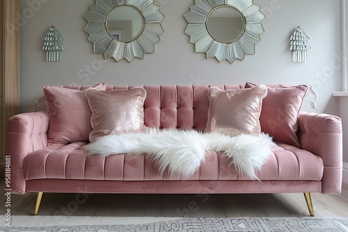 pink velvet double sofa bed with gold legs, white fur throw on top of the seat and two silver geometric shaped mirrors hanging above it in an elegant living room setting