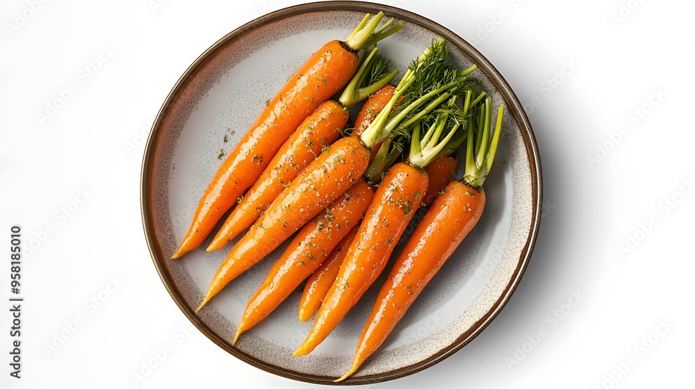 Freshly glazed baby carrots garnished with herbs on a plate Freshly glazed baby carrots garnished with herbs on a plate