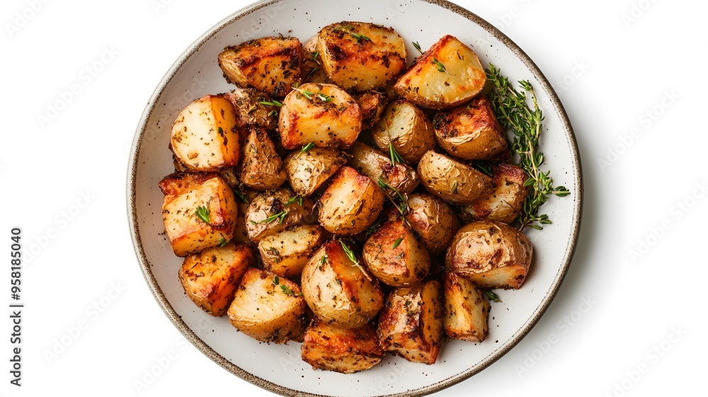 Roasted herb potatoes with fresh thyme on a rustic ceramic plate
