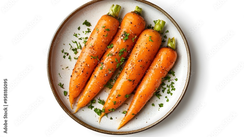 Freshly seasoned carrots garnished with herbs on a rustic plate Freshly seasoned carrots garnished with herbs on a rustic plate