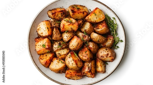 Roasted herb potatoes with fresh thyme on a rustic ceramic plate