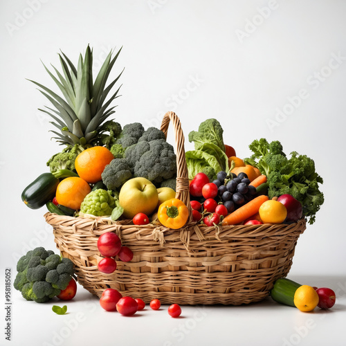 wicker basket with fruits and vegetables on white background , healthy food , vegetarianism