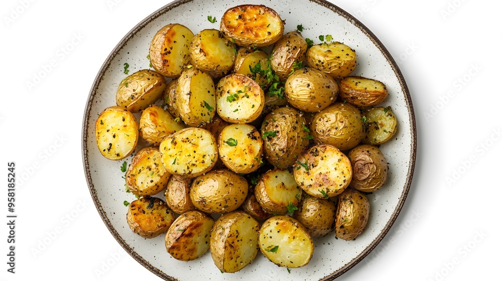 Roasted baby potatoes with fresh herbs on a white plate Roasted baby potatoes with fresh herbs on a white plate
