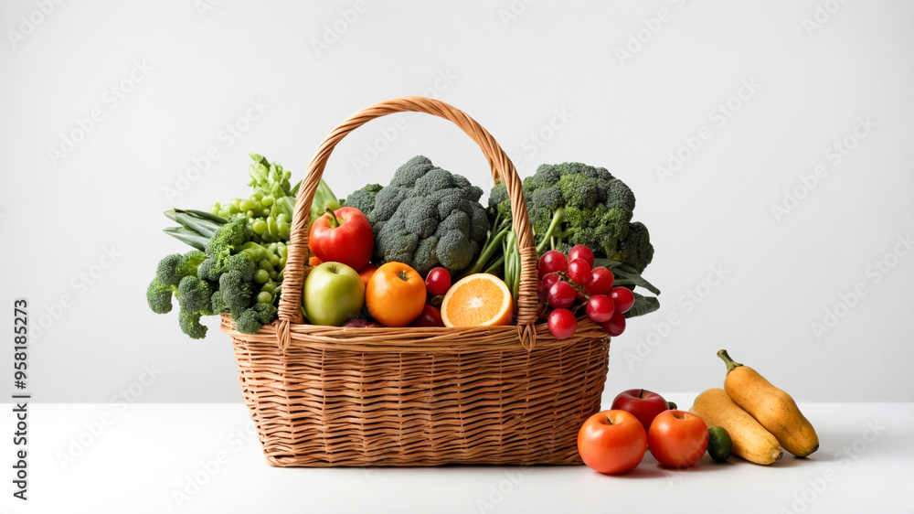 wicker basket with fruits and vegetables on white background , healthy food , vegetarianism wicker basket with fruits and vegetables on white background , healthy food , vegetarianism