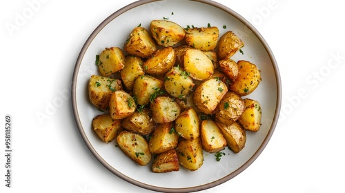 Delicious golden roasted potatoes with fresh herbs on a plate