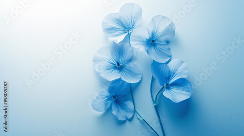 Abstract background with a sprig of delicate blue flowers on a light blue background with copy space.