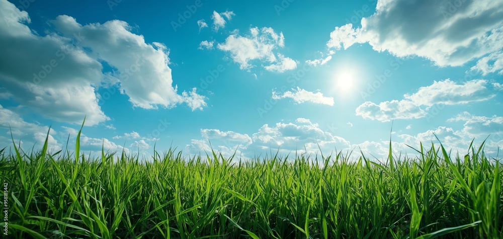 Obraz premium Vibrant green grass under a bright blue sky with fluffy clouds, capturing the essence of a peaceful summer day.
