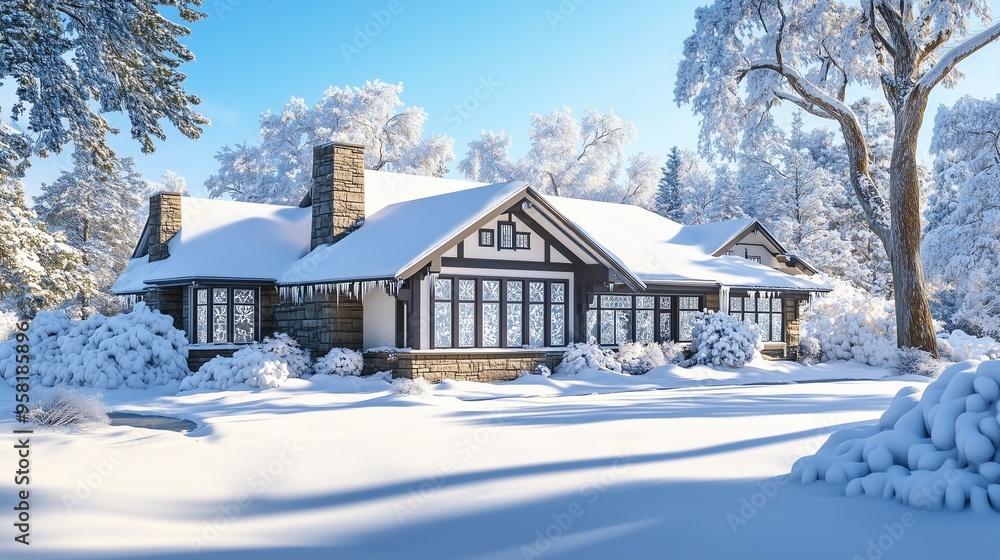 Rustic winter cabin nestled amidst snow-dusted trees, a picturesque rural landscape Rustic winter cabin nestled amidst snow-dusted trees, a picturesque rural landscape