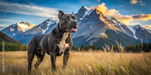 Against a majestic mountain backdrop, a stunning black pit bull stands tall in a lush green open field. photo