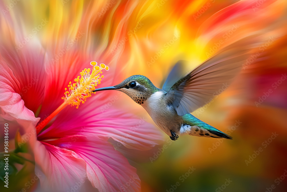 Fototapeta premium Hummingbird Feeding on Hibiscus Flower with Artistic Blurred Background