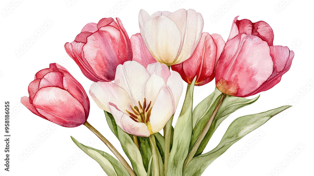 Watercolor painting of pink and white tulips with green leaves, beautifully detailed and perfect for spring and floral-themed designs. Watercolor painting of pink and white tulips with green leaves, beautifully detailed and perfect for spring and floral-themed designs.