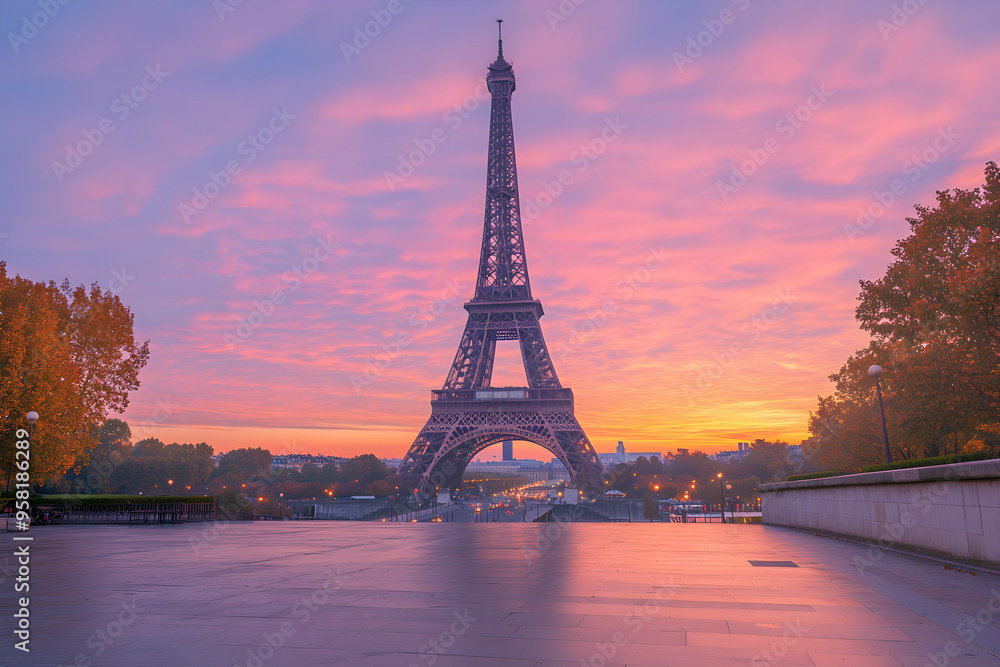 Fototapeta premium Eiffel Tower at Sunrise with Pink Sky and Empty Pavement