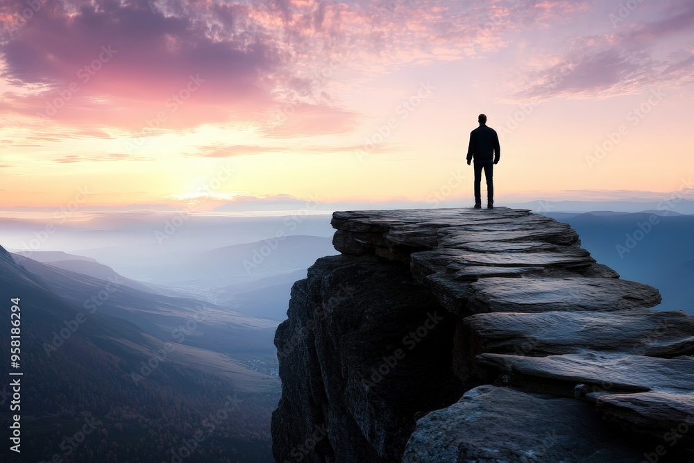 Fototapeta premium A lone individual stands on the edge of a rocky cliff, overlooking an expansive valley as the sun sets, casting vibrant colors across the sky and providing a sense of serenity.