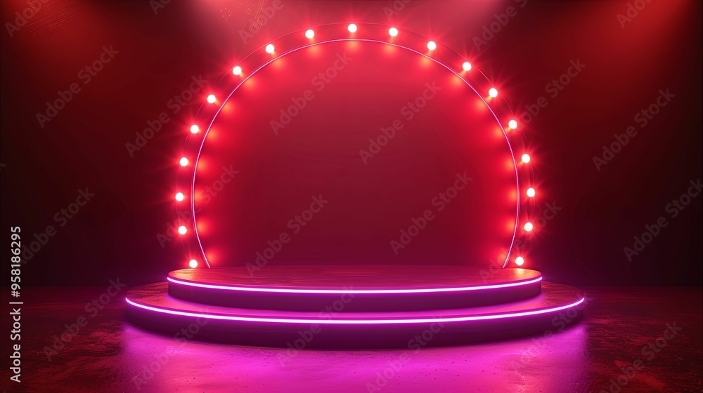 Neon Lights Illuminate a Circular Platform with Two Steps Neon Lights Illuminate a Circular Platform with Two Steps