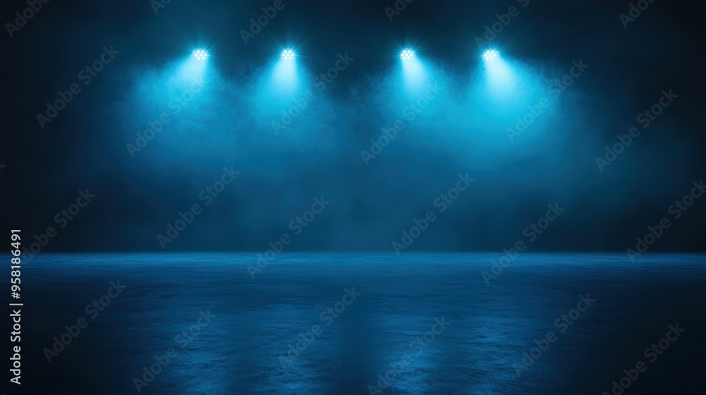 A dramatic scene featuring blue lights illuminating a smoky stage, perfect for performances or creative backgrounds. A dramatic scene featuring blue lights illuminating a smoky stage, perfect for performances or creative backgrounds.