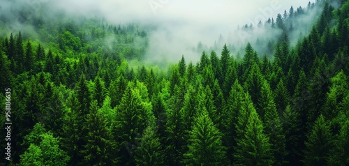 A breathtaking aerial view of lush green pine trees in a misty forest, evoking tranquility and natural beauty.