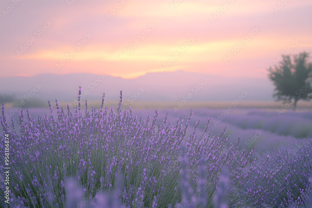 Fototapeta premium Lavender Field at Sunset with Soft Light and Blurred Background