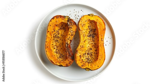 Roasted butternut squash halves with seasoning on white plate