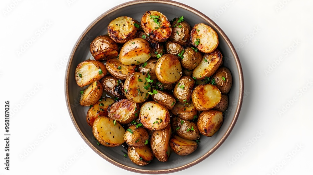Golden roasted baby potatoes with fresh herbs in a rustic bowl