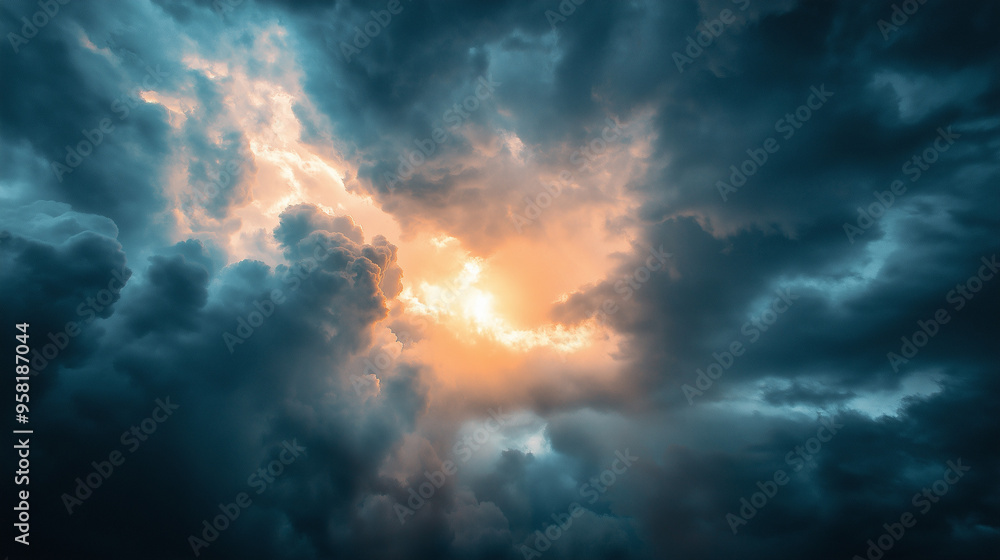 Dark clouds with the sun breaking through, stormy weather, dramatic lighting Dark clouds with the sun breaking through, stormy weather, dramatic lighting