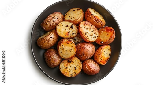 Crispy roasted red potatoes with seasoning in black bowl photo