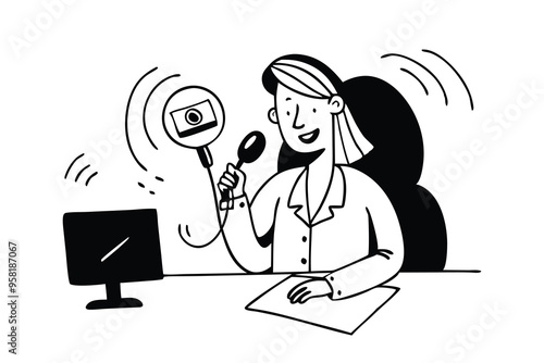 Professional woman hosting a podcast in a modern office Hand drawn Brush line flat illustration isolated on white background.