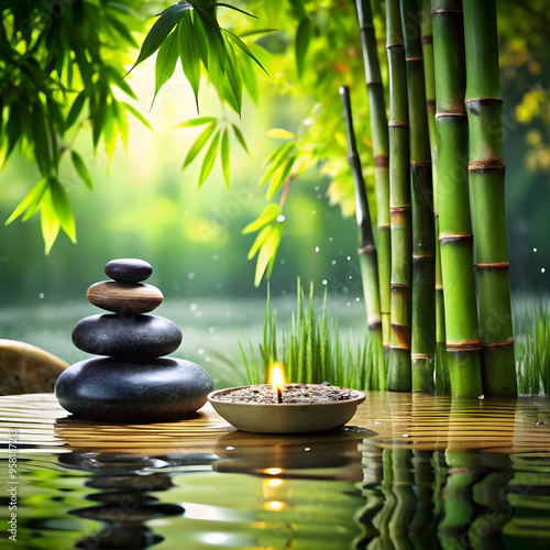 relaxing spa with bamboo stone and water zen nature