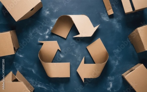 Variety of brown cardboard boxes on textured backdrop with recyc photo