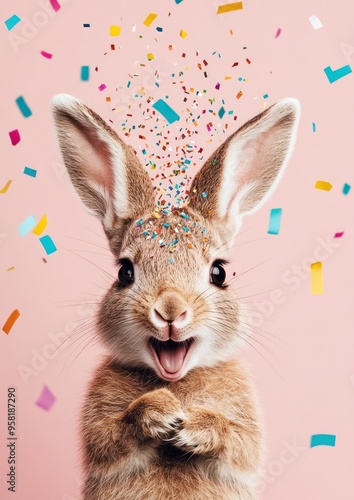 Happy bunny with confetti in the air, pink background photo