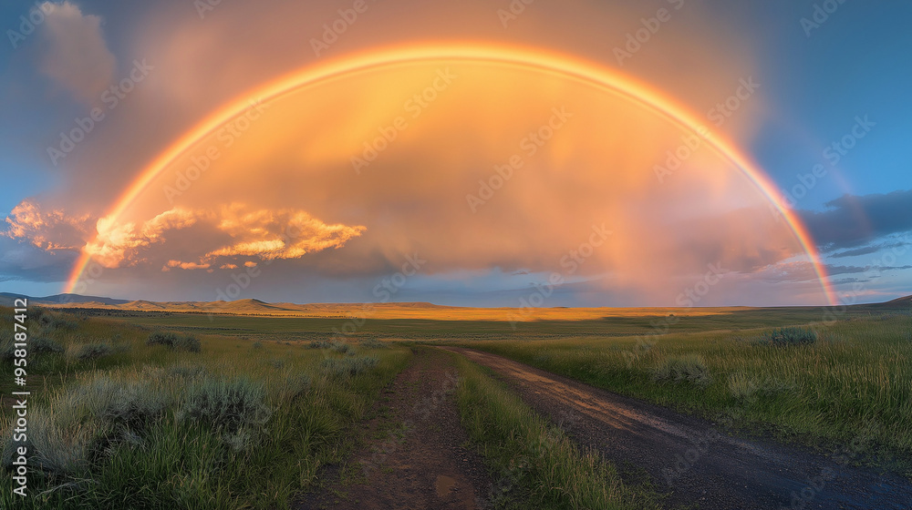Bright rainbow over a rural landscape after a rainstorm, colorful weather, hope and renewal