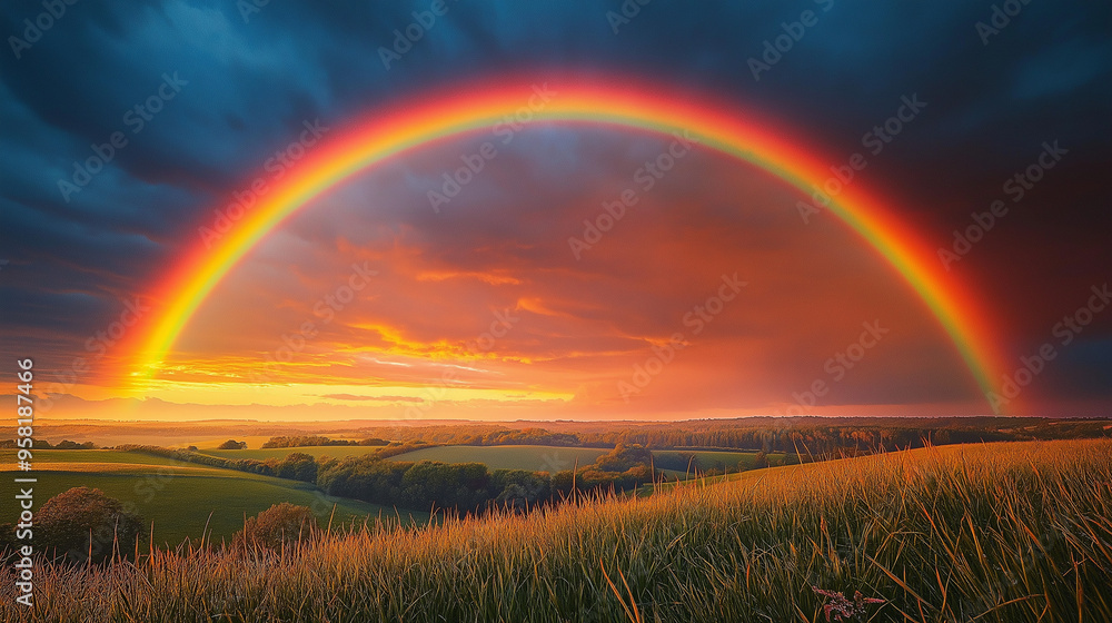 Bright rainbow over a rural landscape after a rainstorm, colorful weather, hope and renewal Bright rainbow over a rural landscape after a rainstorm, colorful weather, hope and renewal