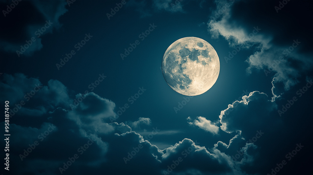 Bright moon shining through a partly cloudy night sky, clear weather, tranquil evening Bright moon shining through a partly cloudy night sky, clear weather, tranquil evening