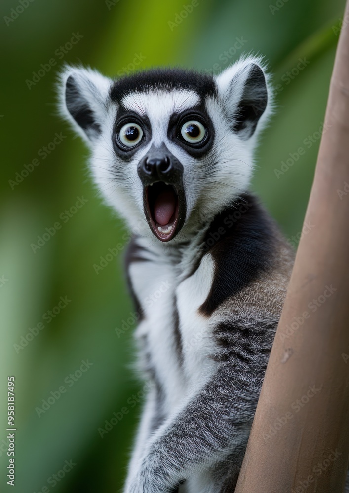 Fototapeta premium Surprised lemur perched on tree with wide green eyes