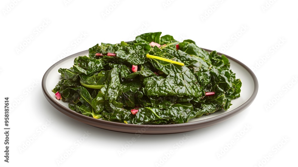Fresh saut?ed kale on white plate with garnish Fresh saut?ed kale on white plate with garnish
