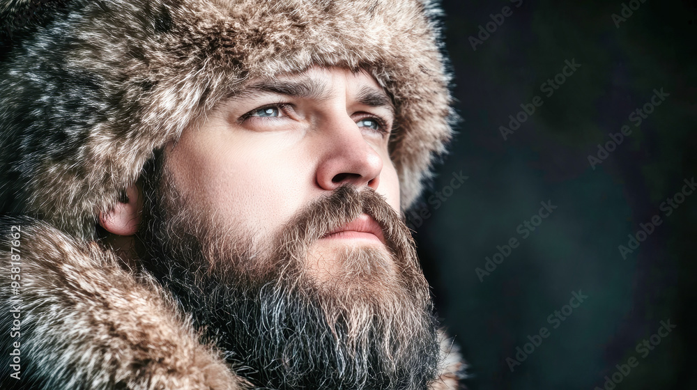 A bearded man adorned in a fur hat stares into the distance, exuding a combination of introspection and rugged charm amidst a wintry backdrop A bearded man adorned in a fur hat stares into the distance, exuding a combination of introspection and rugged charm amidst a wintry backdrop