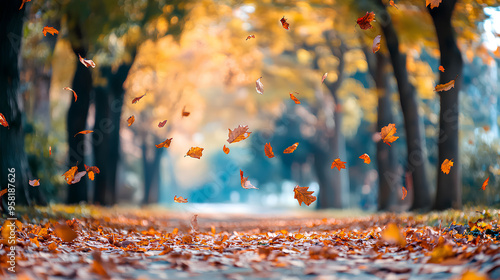 Beautiful autumn landscape with. Colorful foliage in the park. Falling leaves natural background photo