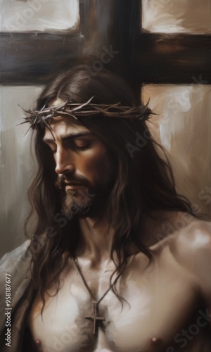 Painting of Jesus Christ with Crown of Thorns in Somber Realisti photo