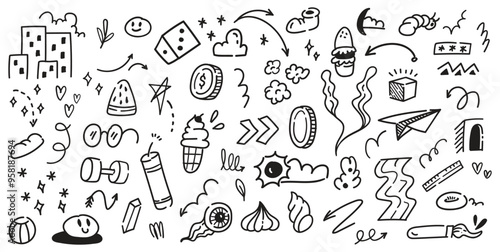Creative Hand-Drawn Doodle Set | Playful Vector Scribbles, Symbols, and Sketches | Abstract Black and White Illustration for Design Projects