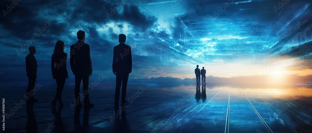 Futuristic Business Team in a Digital Landscape with a Dramatic Sky at Sunset Futuristic Business Team in a Digital Landscape with a Dramatic Sky at Sunset