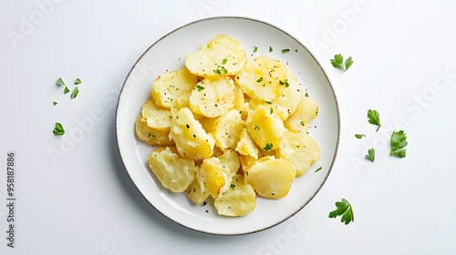 Delicious boiled potatoes on plate with fresh parsley garnish