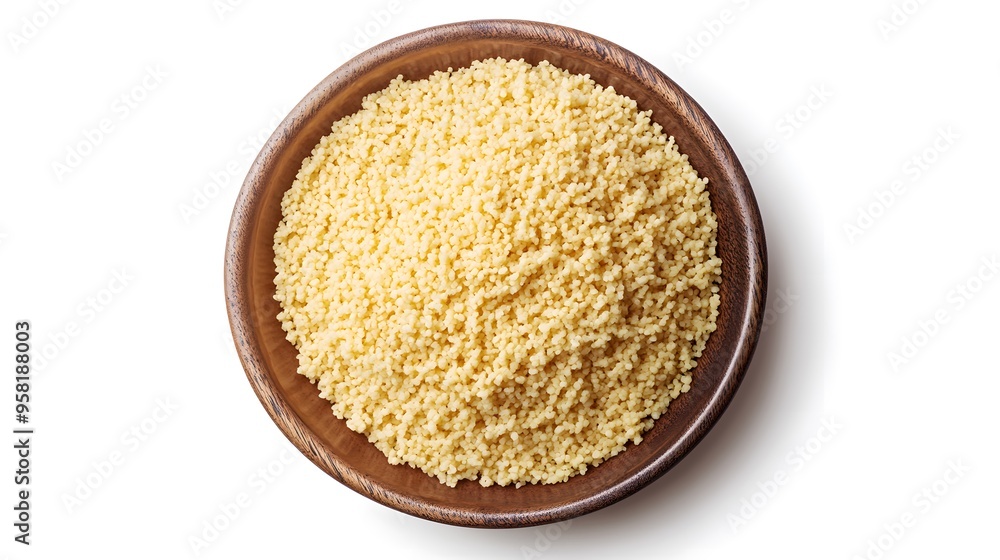 Wooden bowl of raw couscous isolated on white background for culinary use Wooden bowl of raw couscous isolated on white background for culinary use