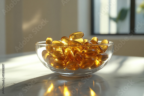 Omega 3 fatty acid capsules in a clear glass bowl