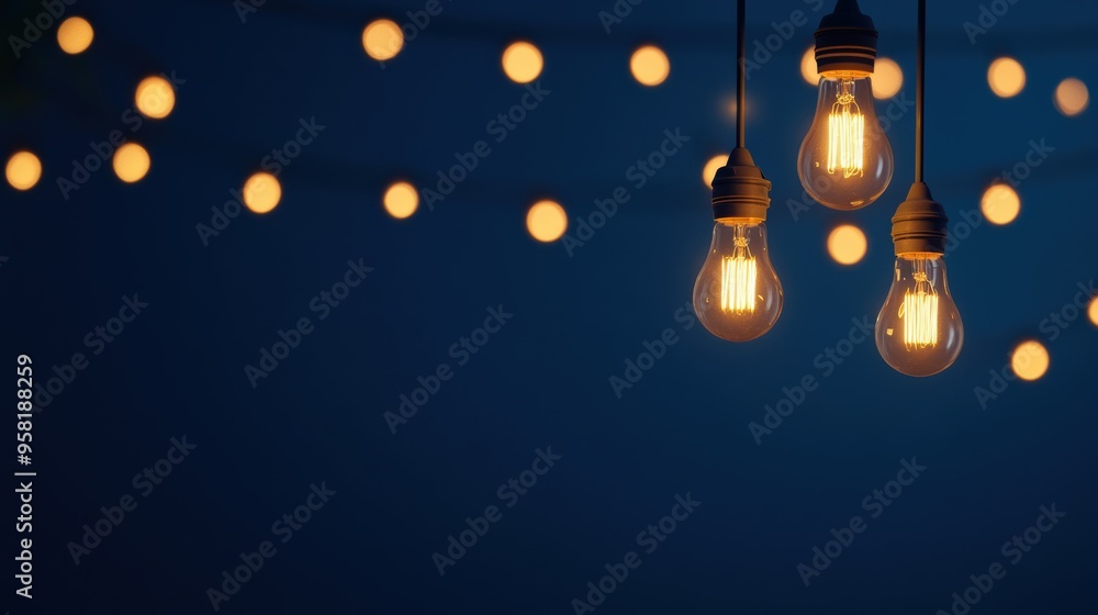 Elegant hanging light bulbs illuminating a dark blue background, creating a warm and cozy atmosphere for various settings. Elegant hanging light bulbs illuminating a dark blue background, creating a warm and cozy atmosphere for various settings.