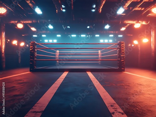 Boxing Ring in a Dark Industrial Setting with Neon Lights 3D Illustration photo