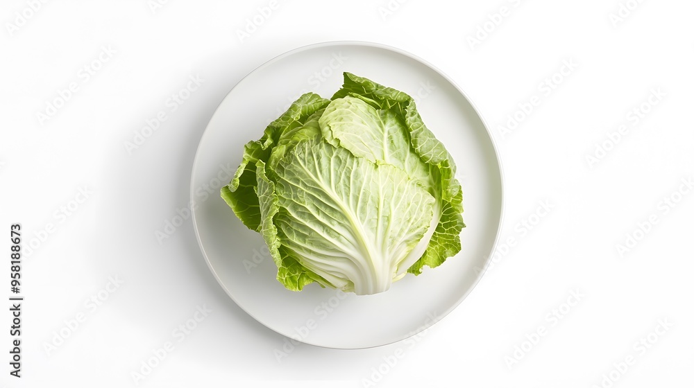 Fresh green cabbage on white plate - minimalist food presentation Fresh green cabbage on white plate - minimalist food presentation