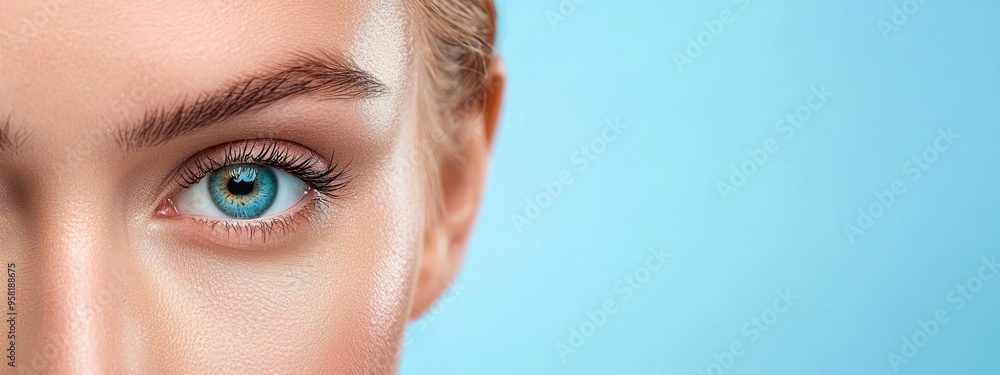 Fototapeta premium blue eye against pink lip on a blue background