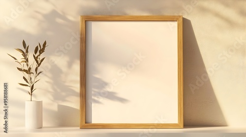 Wooden Frame Leaning Against Beige Wall on White Shelf with Natural Lighting