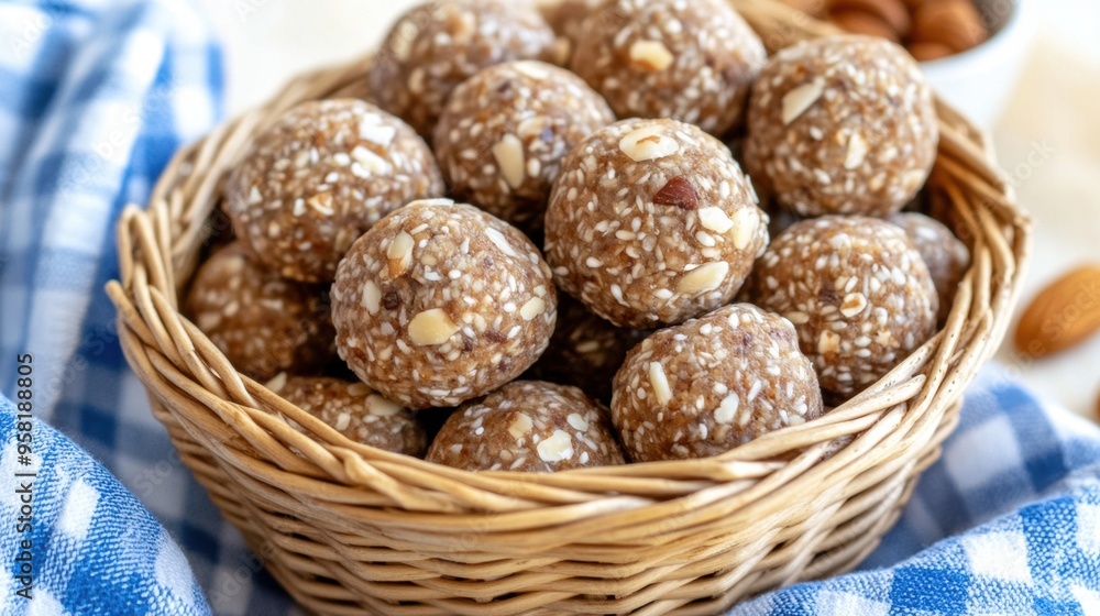 A basket filled with sweets made of nuts and seeds with honey on a table, AI A basket filled with sweets made of nuts and seeds with honey on a table, AI