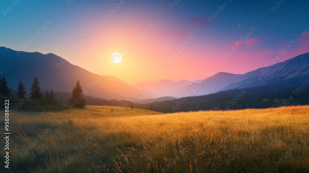 A beautiful mountain meadow with tall grass at sunrise and sunset, showing the transition from day to night with the sun and moon in the sky. A beautiful mountain meadow with tall grass at sunrise and sunset, showing the transition from day to night with the sun and moon in the sky.